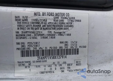 2008 Ford Crown Victoria Police/Police Interceptor z USA, uszkodzony, nr VIN 2FAHP71V58X127914